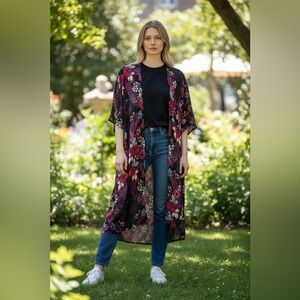 Free Press Accessories Navy Jewel Tone Satin Floral Open Robe Duster Cover Up M